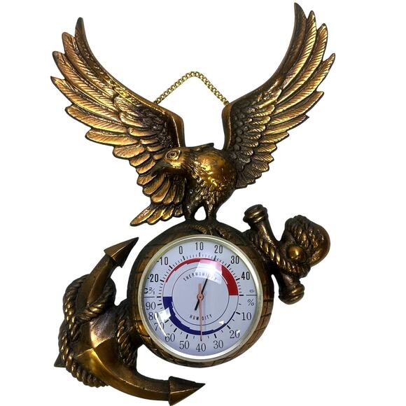 Bronze Copper Brass Metal Eagle Anchor Wall Vintage Thermometer Hygrometer - Picture 1 of 7